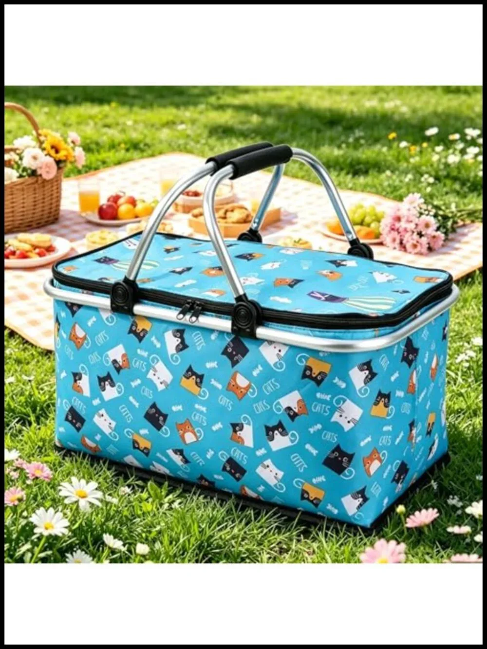 Insulated Collapsible Picnic Basket Grocery Bag with Aluminum Frame, Leak-Proof